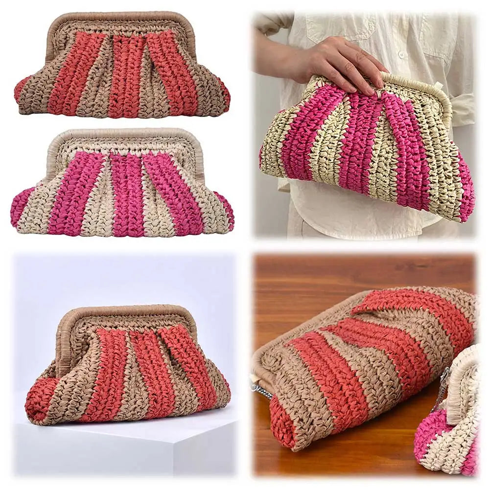 Straw Clutch Handbag Handmade Clutch Purse Summer Beach Bag Striped Woven Handbag Designer Weaving Pouch for Evening Party